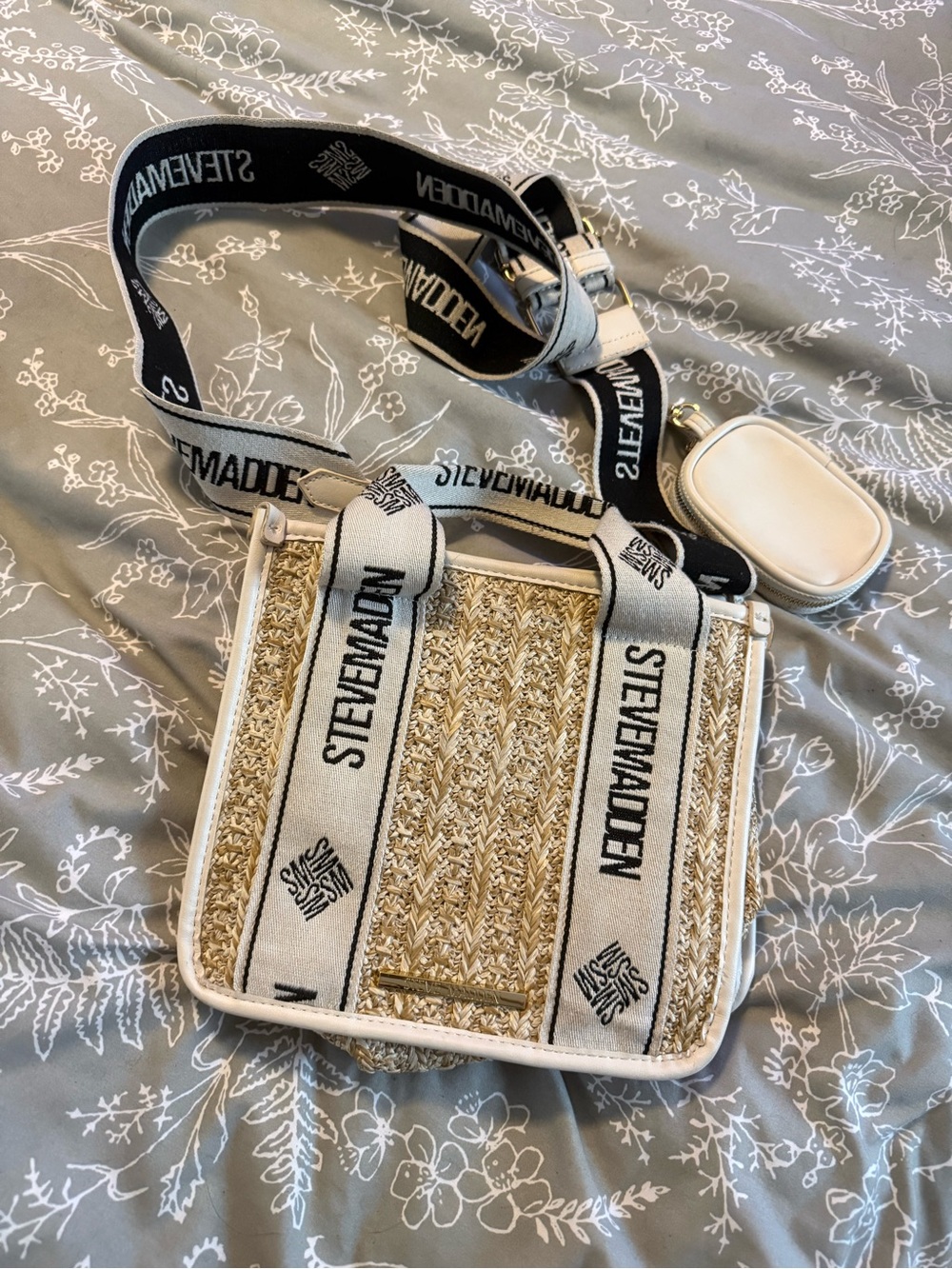 Steve Madden White Trim Natural Straw Crossbody with Branded Strap